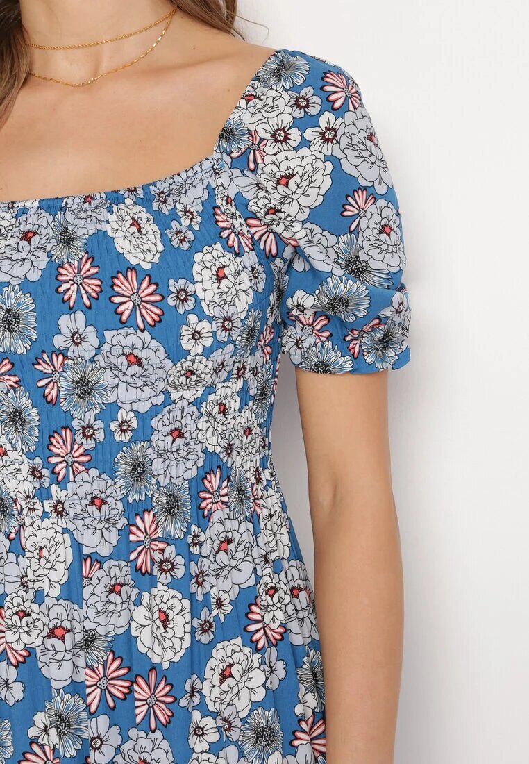 cflo Rochie Midi Albastră din Vâscoză cu Benzi Elastice la Decolteu și cu Model Floral Alonvaria