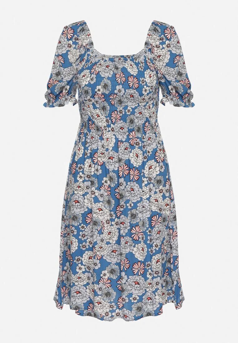 cflo Rochie Midi Albastră din Vâscoză cu Benzi Elastice la Decolteu și cu Model Floral Alonvaria