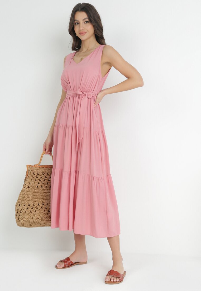 cflo Rochie Midi Roz din viscoză cu elastic în talie și curea din material Bicuh