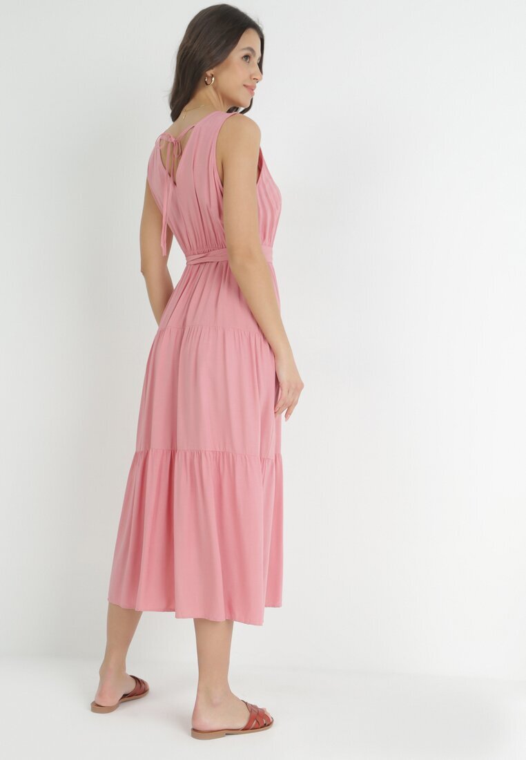 cflo Rochie Midi Roz din viscoză cu elastic în talie și curea din material Bicuh