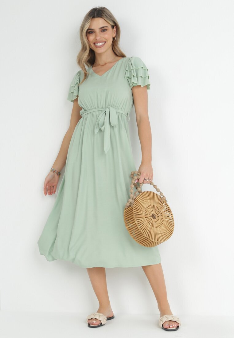 cflo Rochie midi Verde deschis din Viscoză cu Elastic în Talie și Curea din Material Textil Aricia