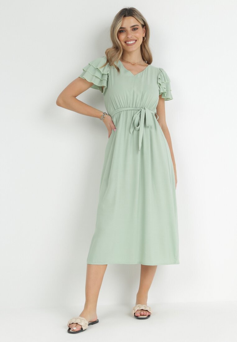 cflo Rochie midi Verde deschis din Viscoză cu Elastic în Talie și Curea din Material Textil Aricia