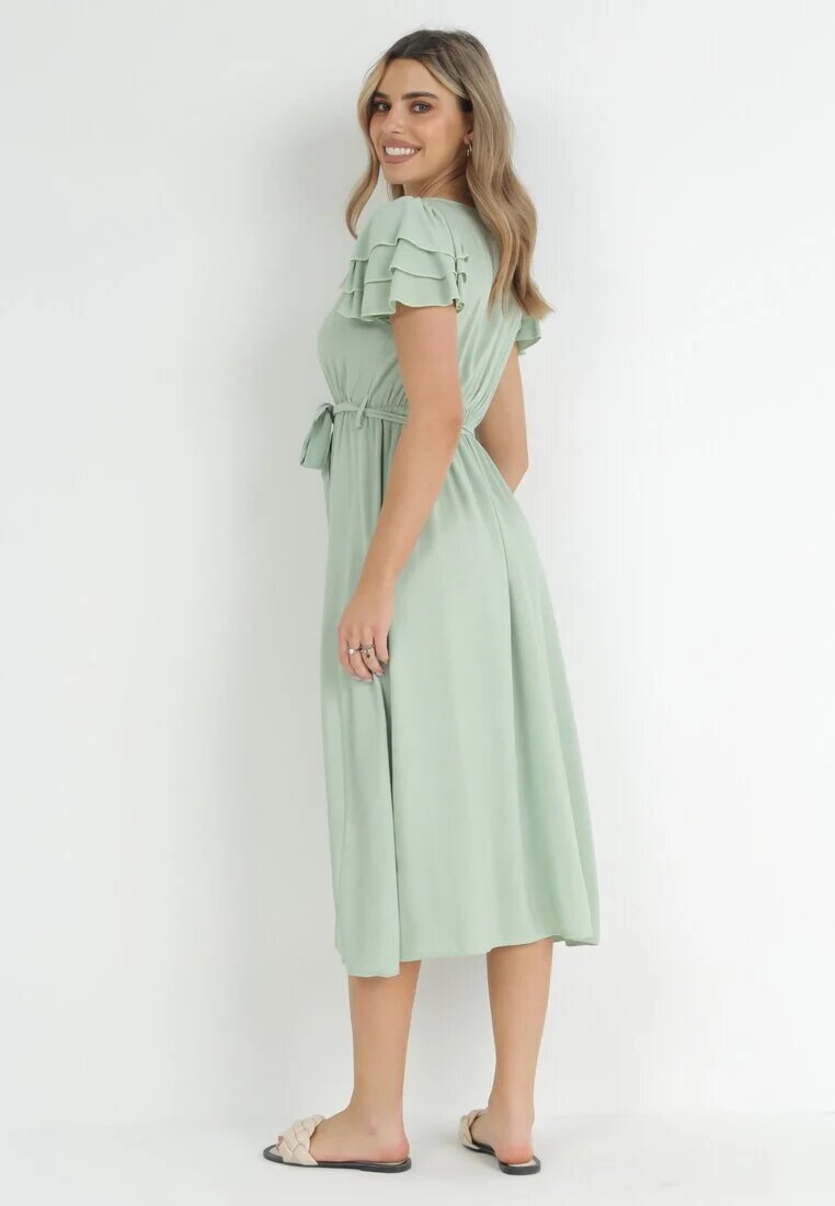 cflo Rochie midi Verde deschis din Viscoză cu Elastic în Talie și Curea din Material Textil Aricia