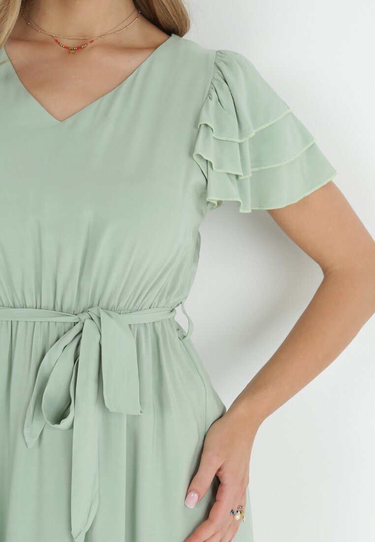 cflo Rochie midi Verde deschis din Viscoză cu Elastic în Talie și Curea din Material Textil Aricia