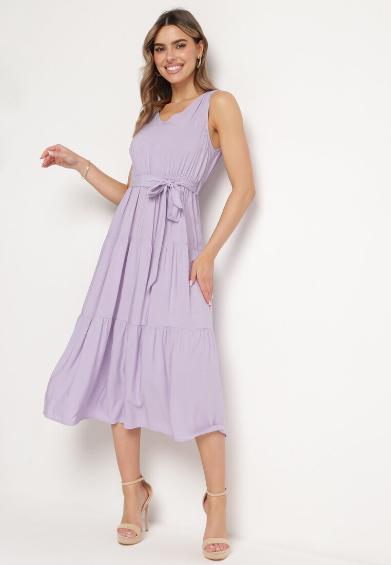 cflo Rochie Midi Violet Vâscoză cu Elastic în Talie și Curea din Material Bicuh