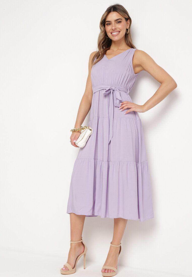 cflo Rochie Midi Violet Vâscoză cu Elastic în Talie și Curea din Material Bicuh