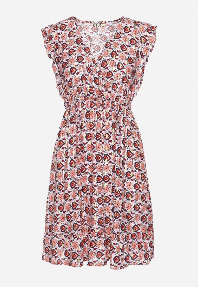 cflo Rochie Mini Bej-Roșu din Viscoză cu Model Mozaic cu Elastic în Talie Lariaa