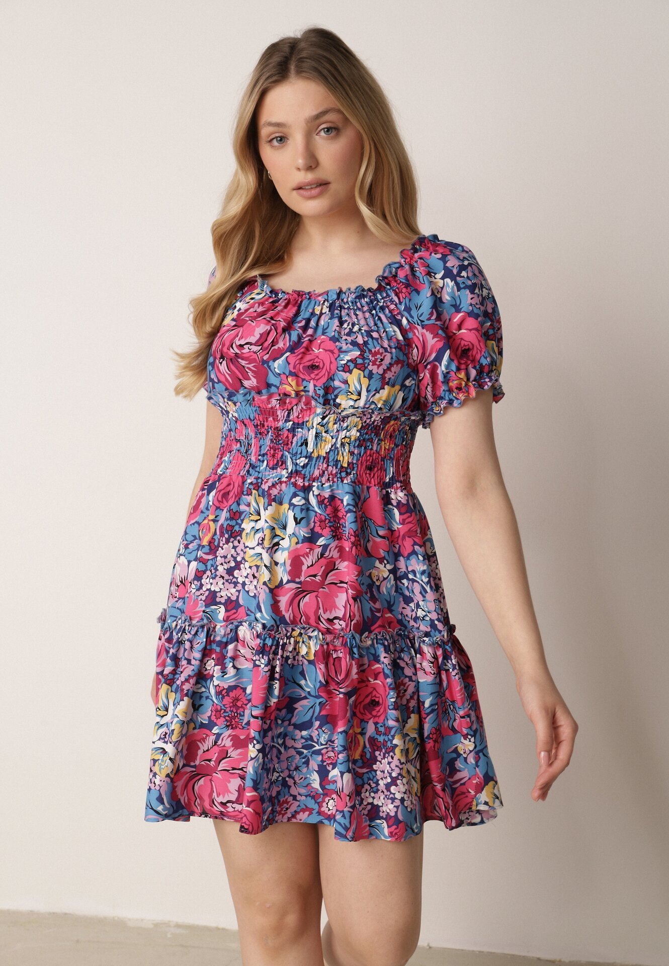 cflo Rochie Mini Bleumarin din Viscoză cu Elastice în Talie și Volănaș Muena