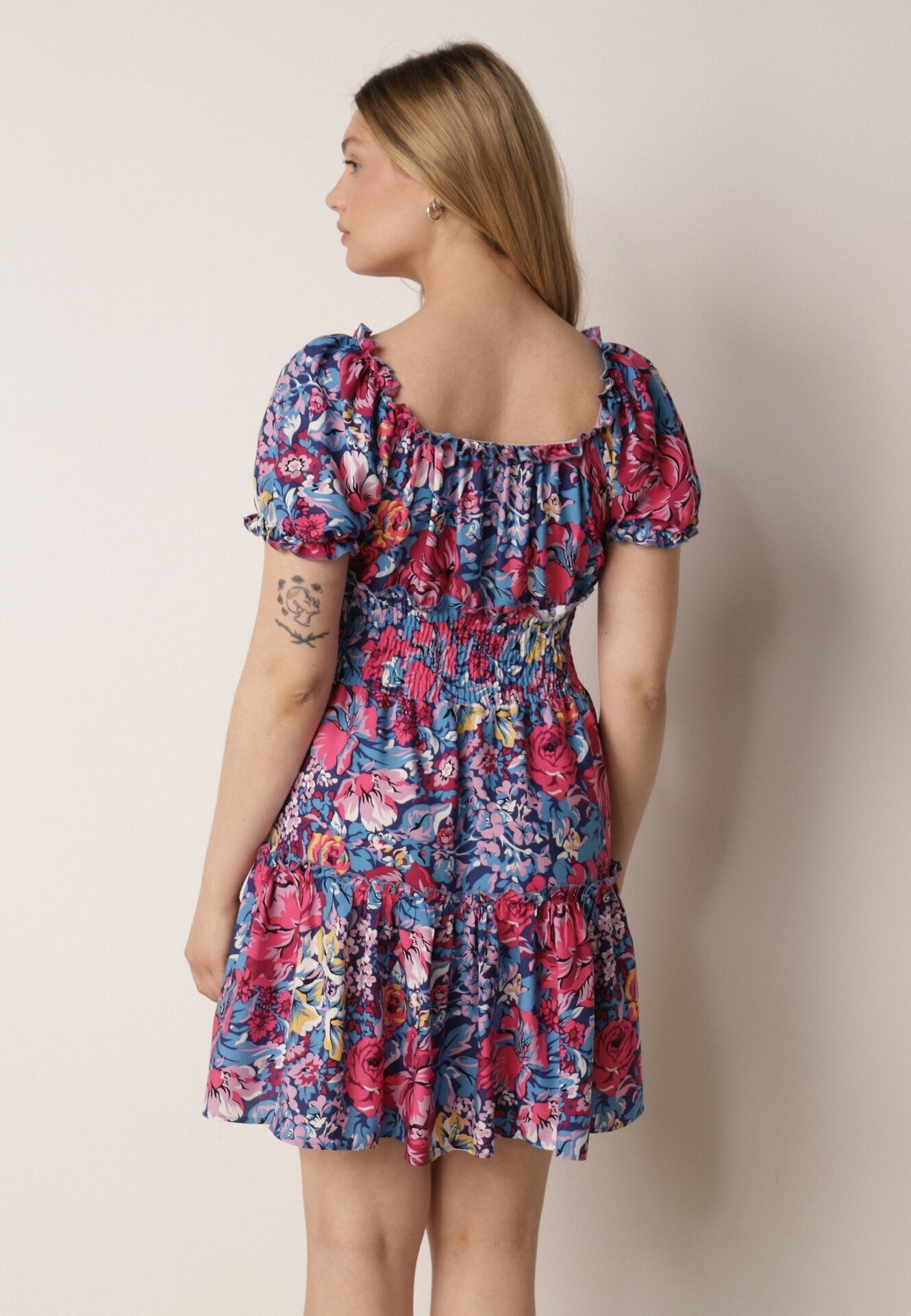 cflo Rochie Mini Bleumarin din Viscoză cu Elastice în Talie și Volănaș Muena