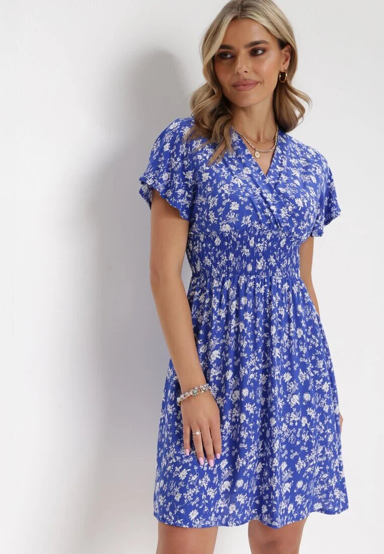 cflo Rochie Mini bleumarin florală din viscoză cu elastic încrețit în talie Catela