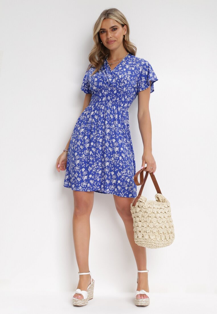 cflo Rochie Mini bleumarin florală din viscoză cu elastic încrețit în talie Catela