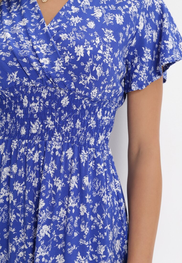 cflo Rochie Mini bleumarin florală din viscoză cu elastic încrețit în talie Catela