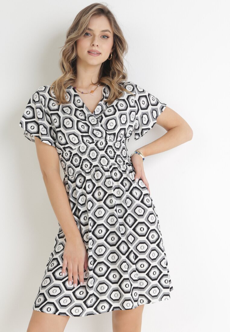 cflo Rochie Mini Gri-Albă din Viscoză cu Elastic în Talie și Decolteu Petrecut Karisa