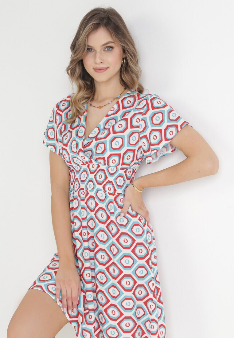 cflo Rochie Mini Roșie-Albă din Viscoză cu Elastic în Talie și Decolteu Petrecut Karisa