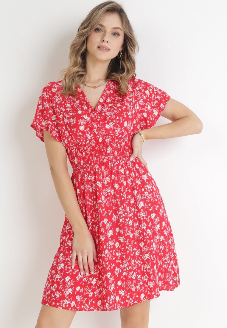 cflo Rochie Mini Roșie Florală din Viscoză cu Elastic Încrețit în Talie Catela