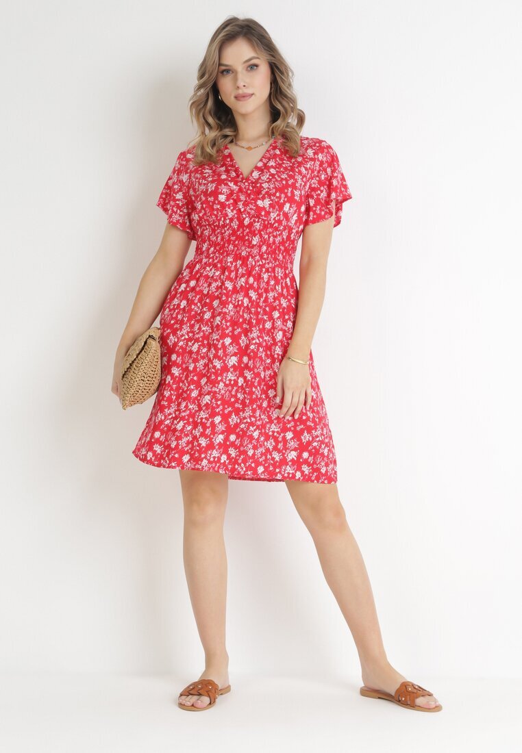 cflo Rochie Mini Roșie Florală din Viscoză cu Elastic Încrețit în Talie Catela