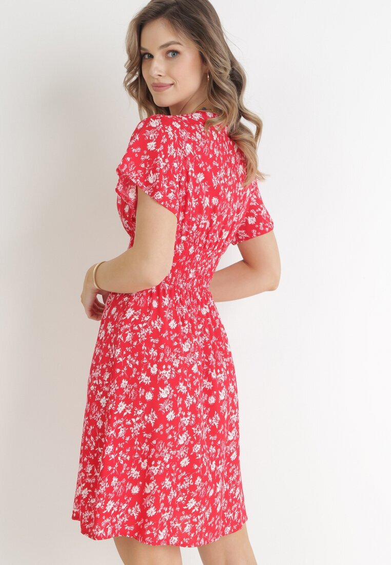 cflo Rochie Mini Roșie Florală din Viscoză cu Elastic Încrețit în Talie Catela