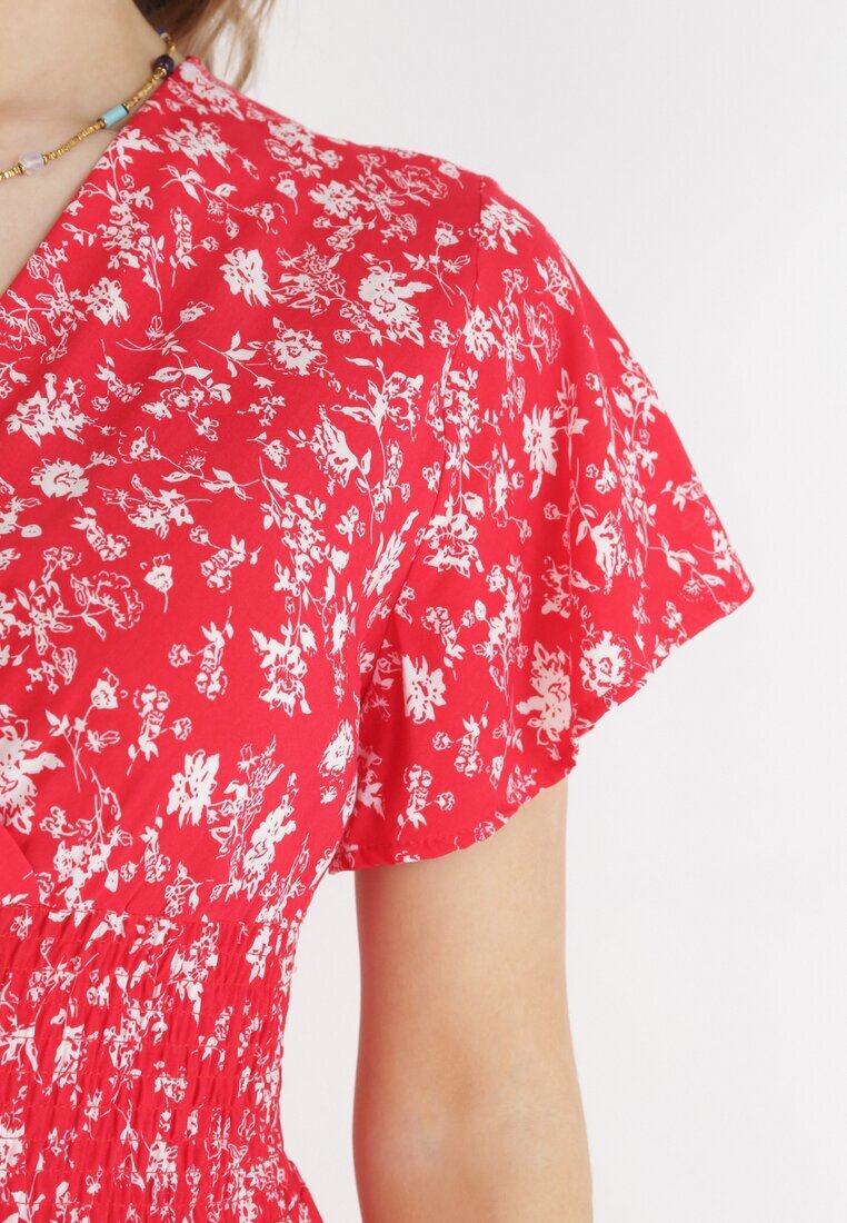 cflo Rochie Mini Roșie Florală din Viscoză cu Elastic Încrețit în Talie Catela