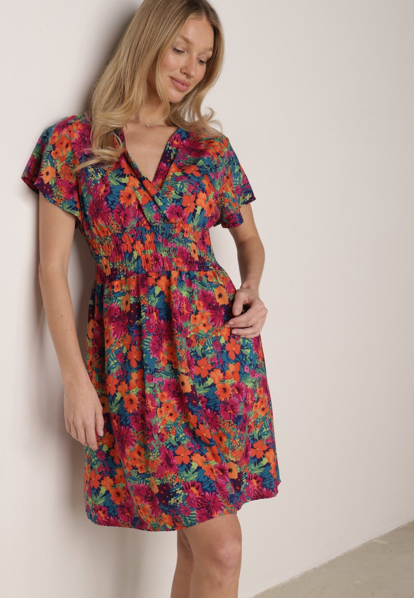 cflo Rochie Mini Roz-Bleumarin cu Elastic Lat în Talie și Decolteu Petrecut Nevun
