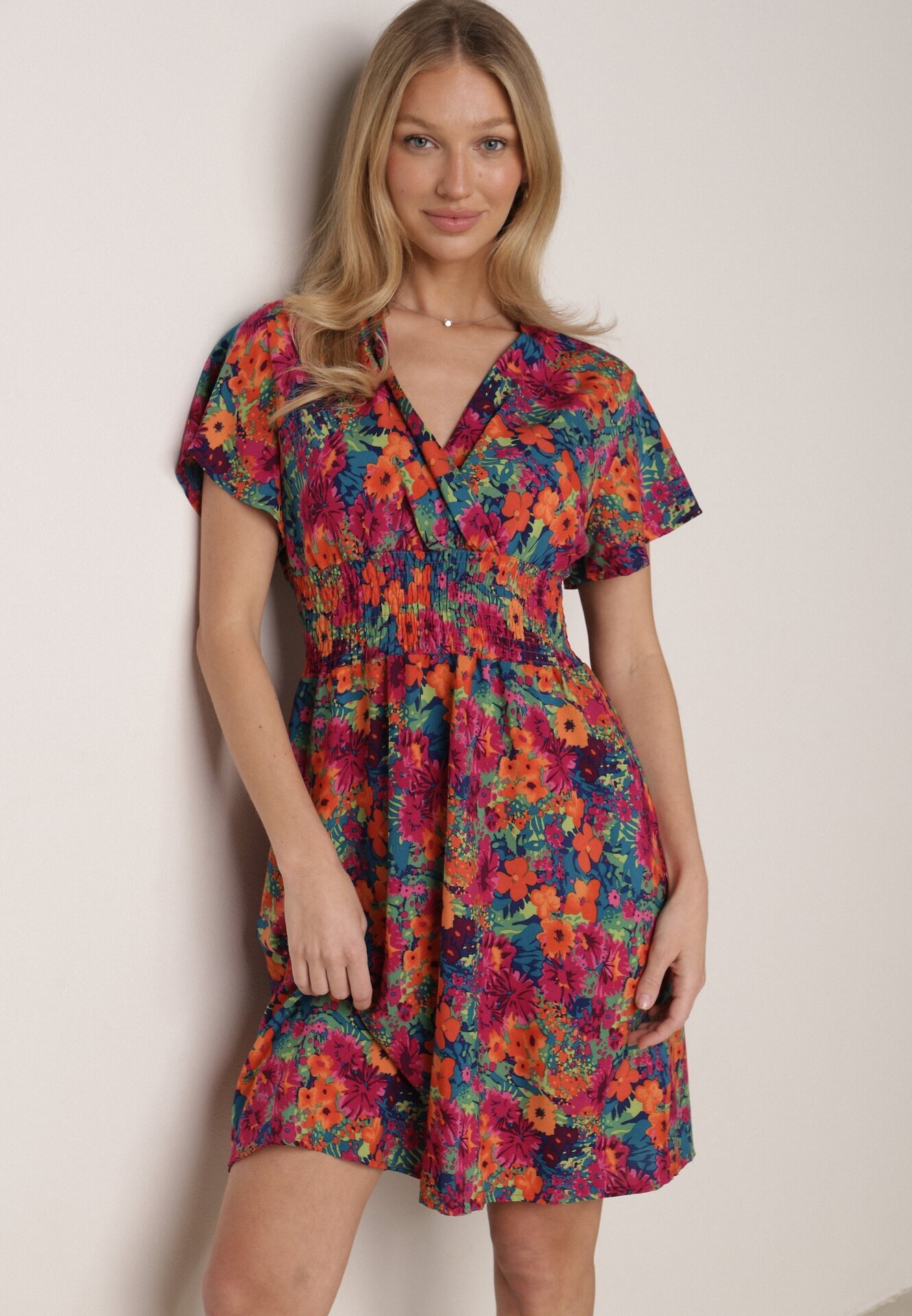 cflo Rochie Mini Roz-Bleumarin cu Elastic Lat în Talie și Decolteu Petrecut Nevun