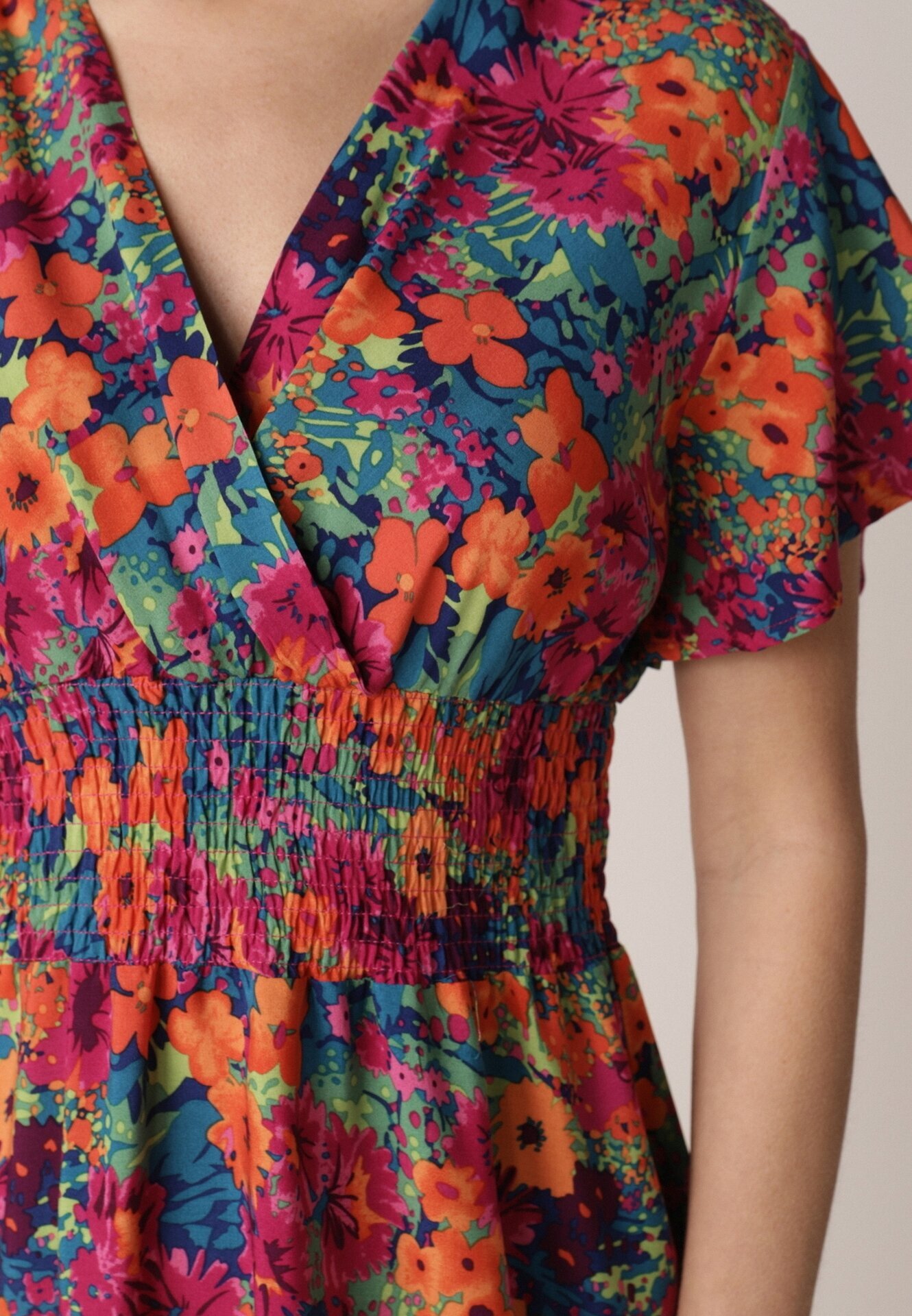 cflo Rochie Mini Roz-Bleumarin cu Elastic Lat în Talie și Decolteu Petrecut Nevun
