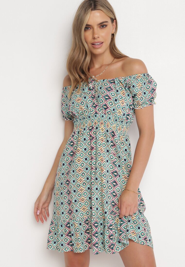 cflo Rochie mini verde din viscoză cu decolteu spaniol regal