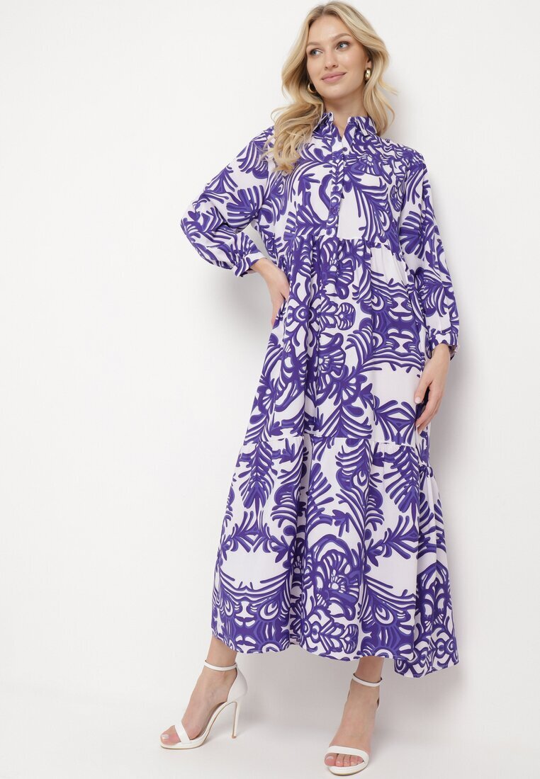 cflo Rochie mov lungă cloș cu model ornamental cu volan Ariantise