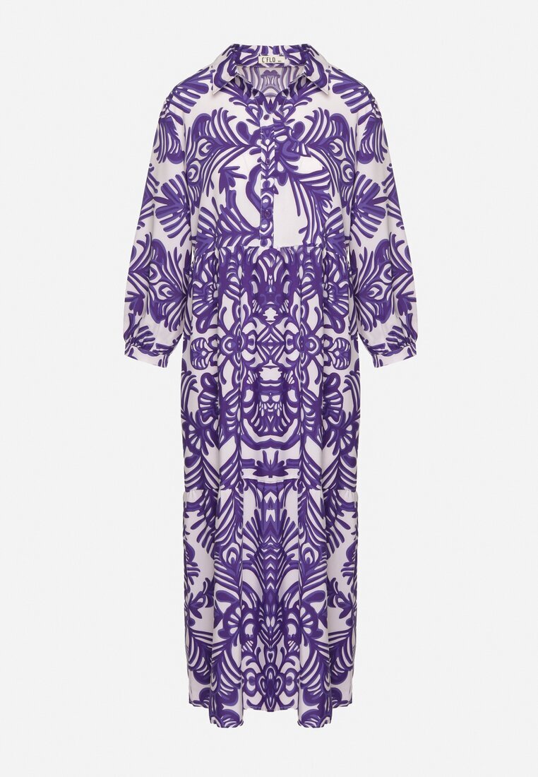 cflo Rochie mov lungă cloș cu model ornamental cu volan Ariantise