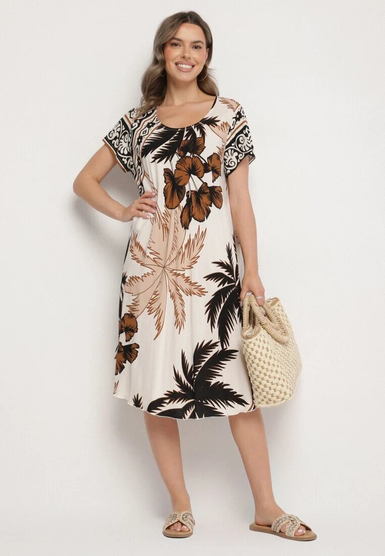 cflo Rochie Neagră din Viscoză cu Croială Cloș cu Model Floral Miratiela