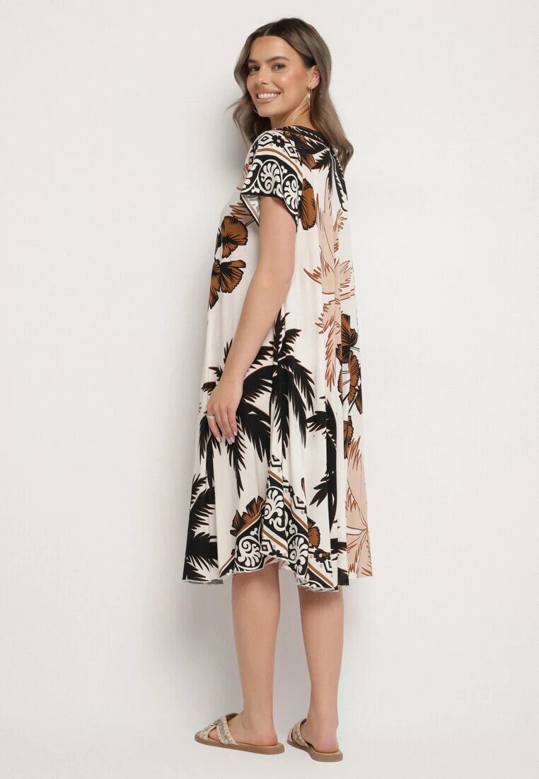 cflo Rochie Neagră din Viscoză cu Croială Cloș cu Model Floral Miratiela