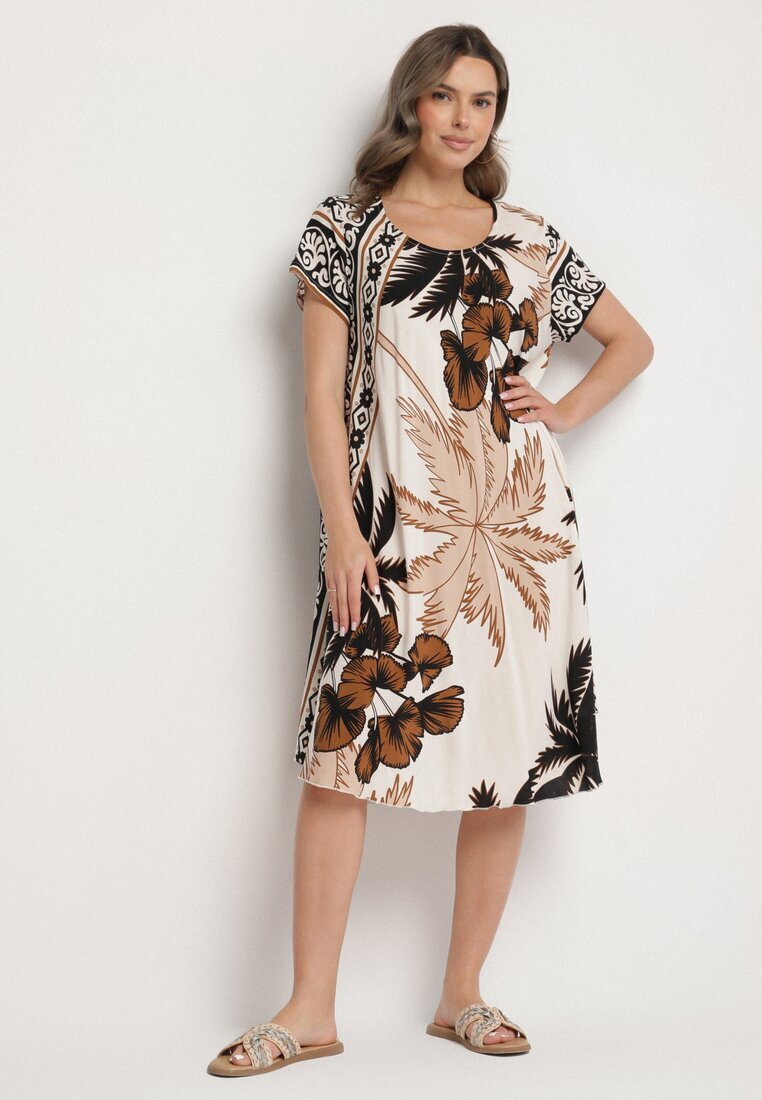 cflo Rochie Neagră din Viscoză cu Croială Cloș cu Model Floral Miratiela
