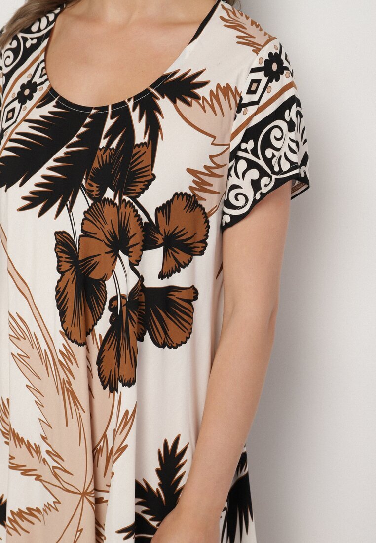 cflo Rochie Neagră din Viscoză cu Croială Cloș cu Model Floral Miratiela