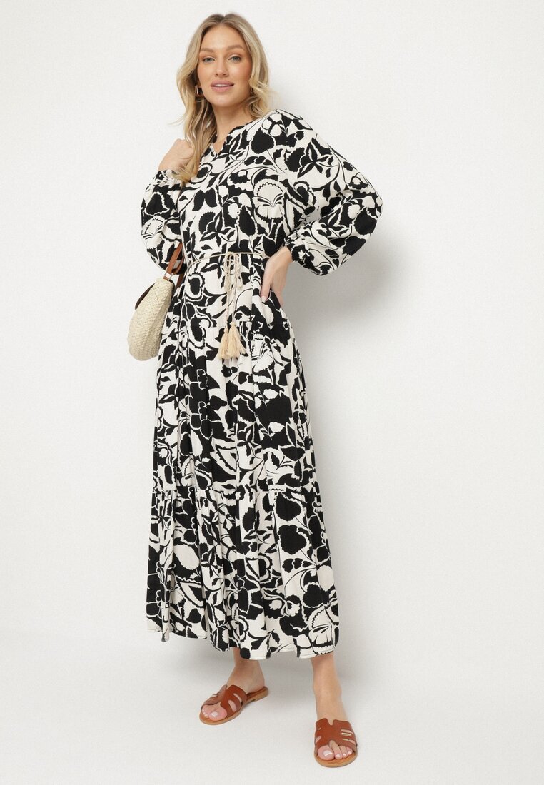 cflo Rochie Neagră din Viscoză cu Croială Dreaptă cu Model Floral Ridiana