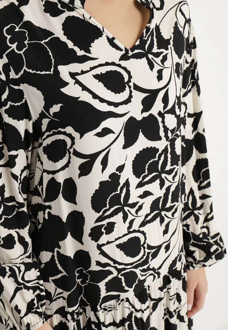 cflo Rochie Neagră din Viscoză cu Croială Dreaptă cu Model Floral Ridiana