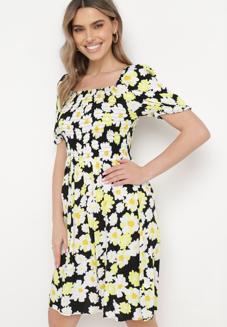 cflo Rochie Negru-Galben din viscoză Midi Evazată cu imprimeu floral Acarana