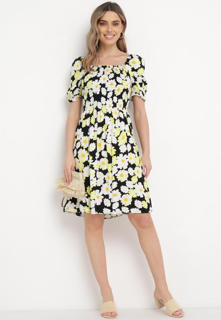 cflo Rochie Negru-Galben din viscoză Midi Evazată cu imprimeu floral Acarana