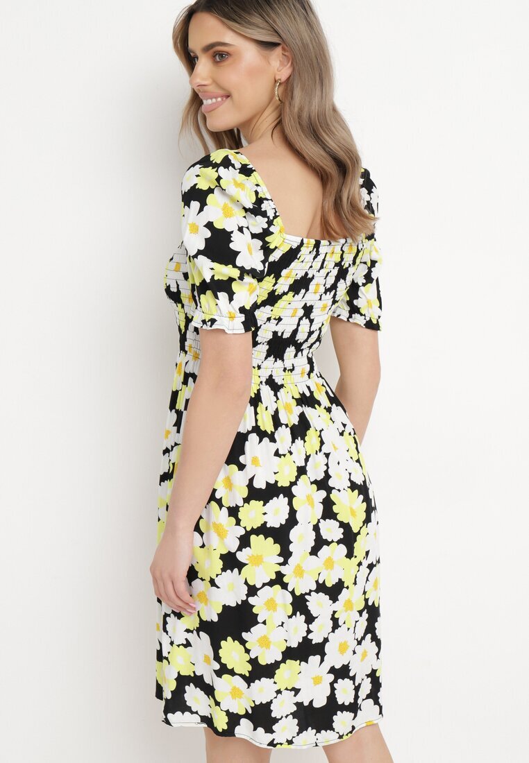 cflo Rochie Negru-Galben din viscoză Midi Evazată cu imprimeu floral Acarana