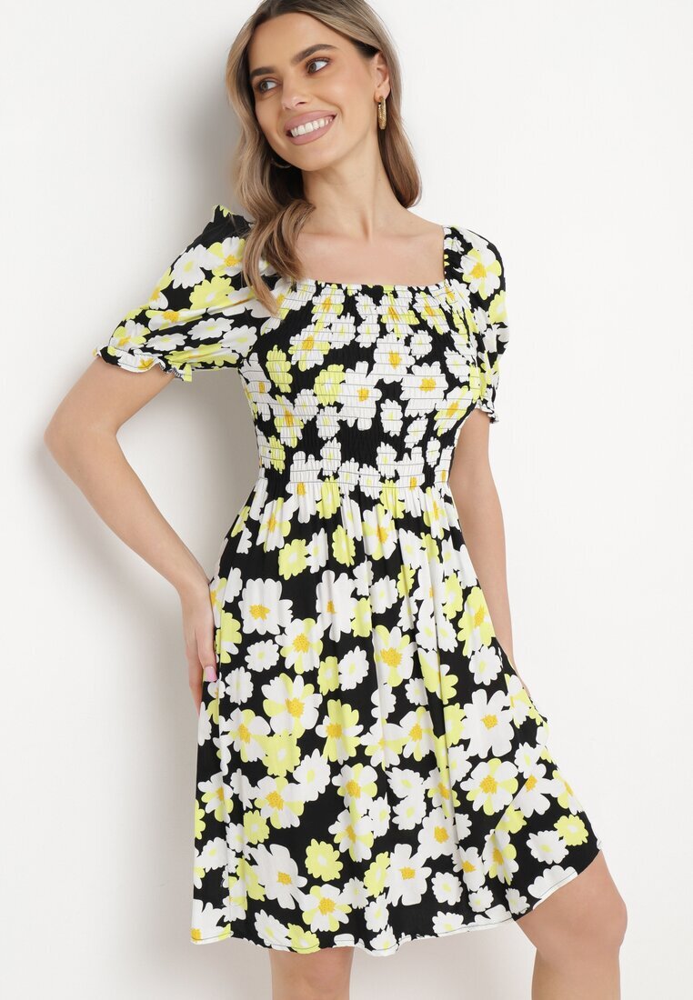 cflo Rochie Negru-Galben din viscoză Midi Evazată cu imprimeu floral Acarana