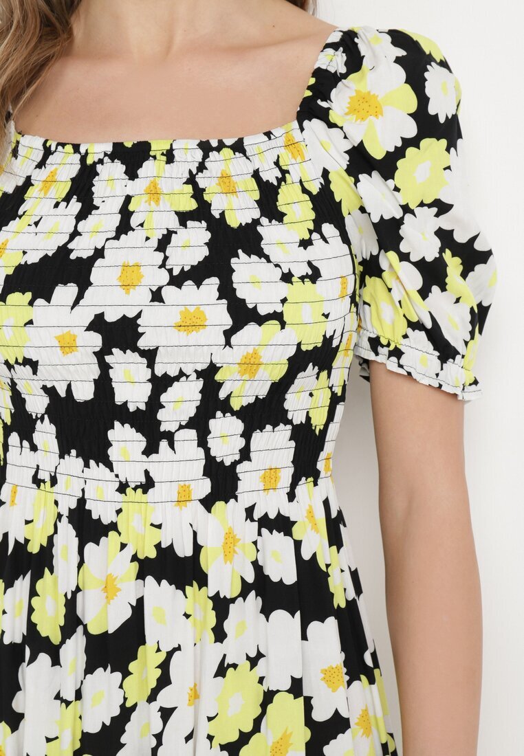 cflo Rochie Negru-Galben din viscoză Midi Evazată cu imprimeu floral Acarana