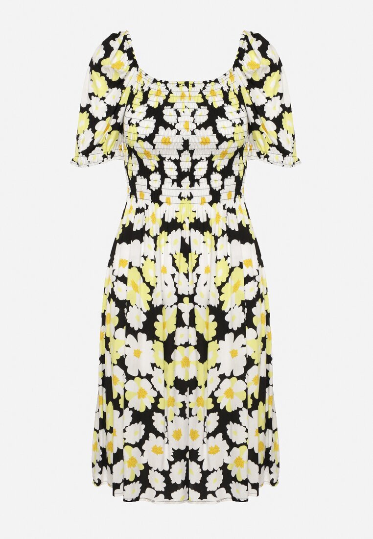 cflo Rochie Negru-Galben din viscoză Midi Evazată cu imprimeu floral Acarana