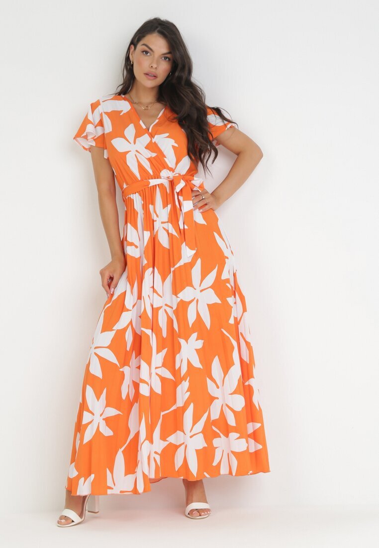 cflo Rochie Plisată Portocalie Maxi cu Elastic în Talie din Viscoză cu Imprimeu Floral Rossemari