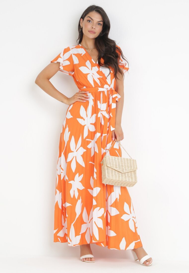 cflo Rochie Plisată Portocalie Maxi cu Elastic în Talie din Viscoză cu Imprimeu Floral Rossemari