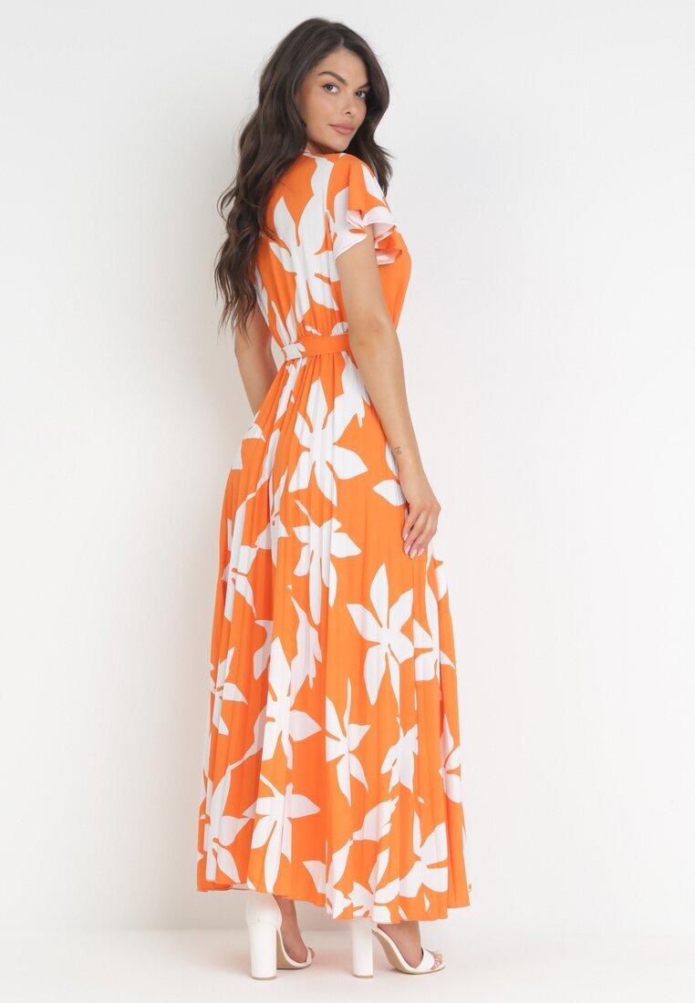 cflo Rochie Plisată Portocalie Maxi cu Elastic în Talie din Viscoză cu Imprimeu Floral Rossemari