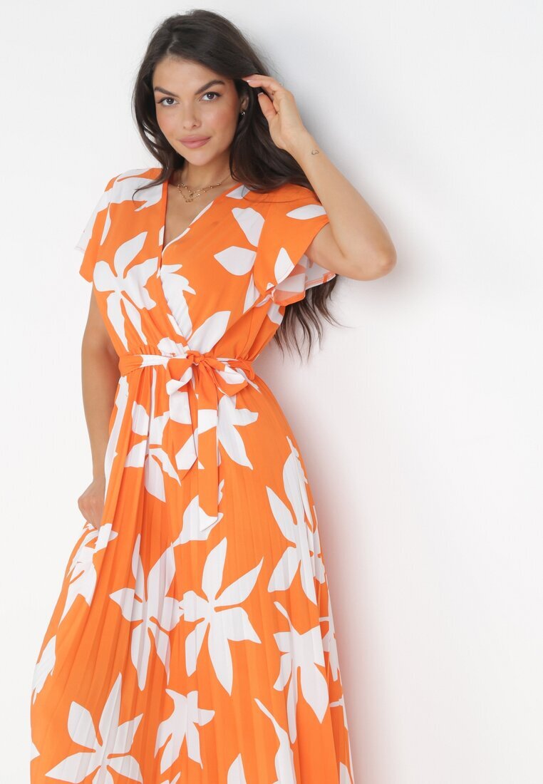 cflo Rochie Plisată Portocalie Maxi cu Elastic în Talie din Viscoză cu Imprimeu Floral Rossemari