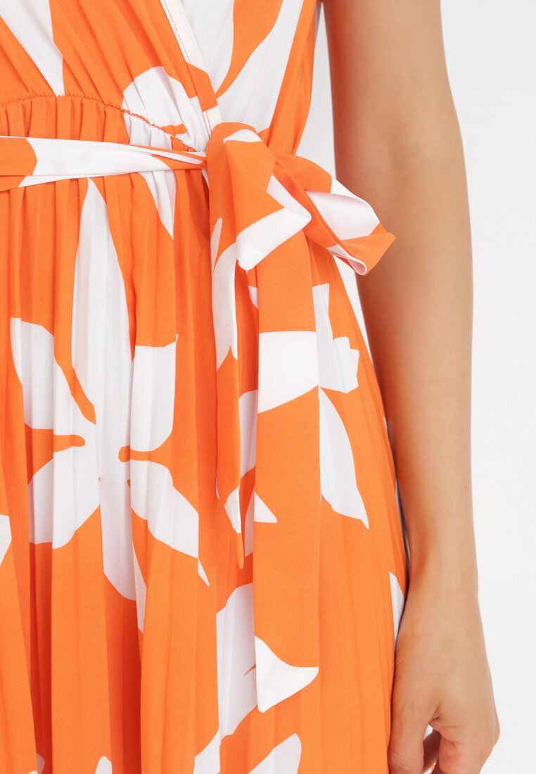 cflo Rochie Plisată Portocalie Maxi cu Elastic în Talie din Viscoză cu Imprimeu Floral Rossemari