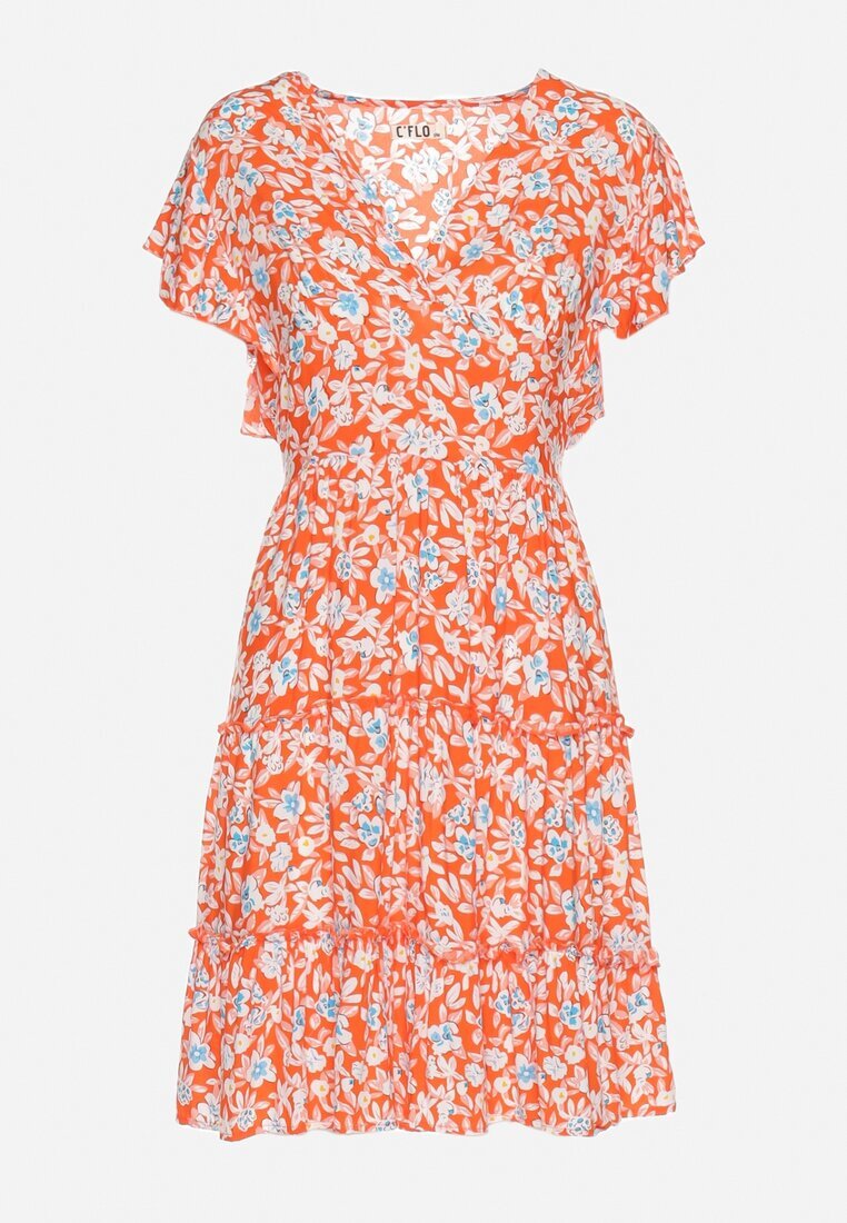 cflo Rochie Portocalie din Viscoză cu Imprimeu Floral cu Decolteu Petrecut Avafia