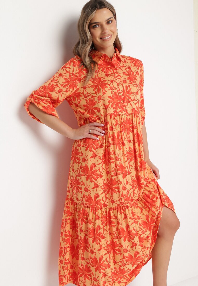 cflo Rochie Portocalie Maxi cu Imprimeu Floral și Partea de Sus Tip Cămașă Lithaia