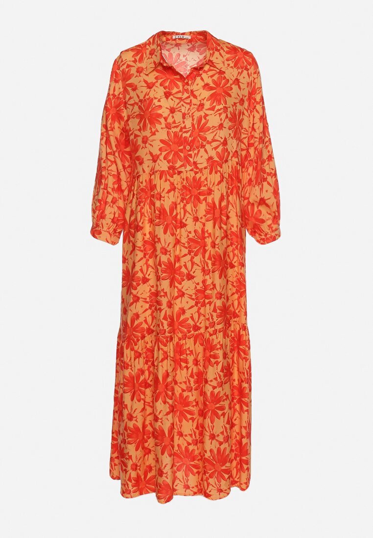 cflo Rochie Portocalie Maxi cu Imprimeu Floral și Partea de Sus Tip Cămașă Lithaia