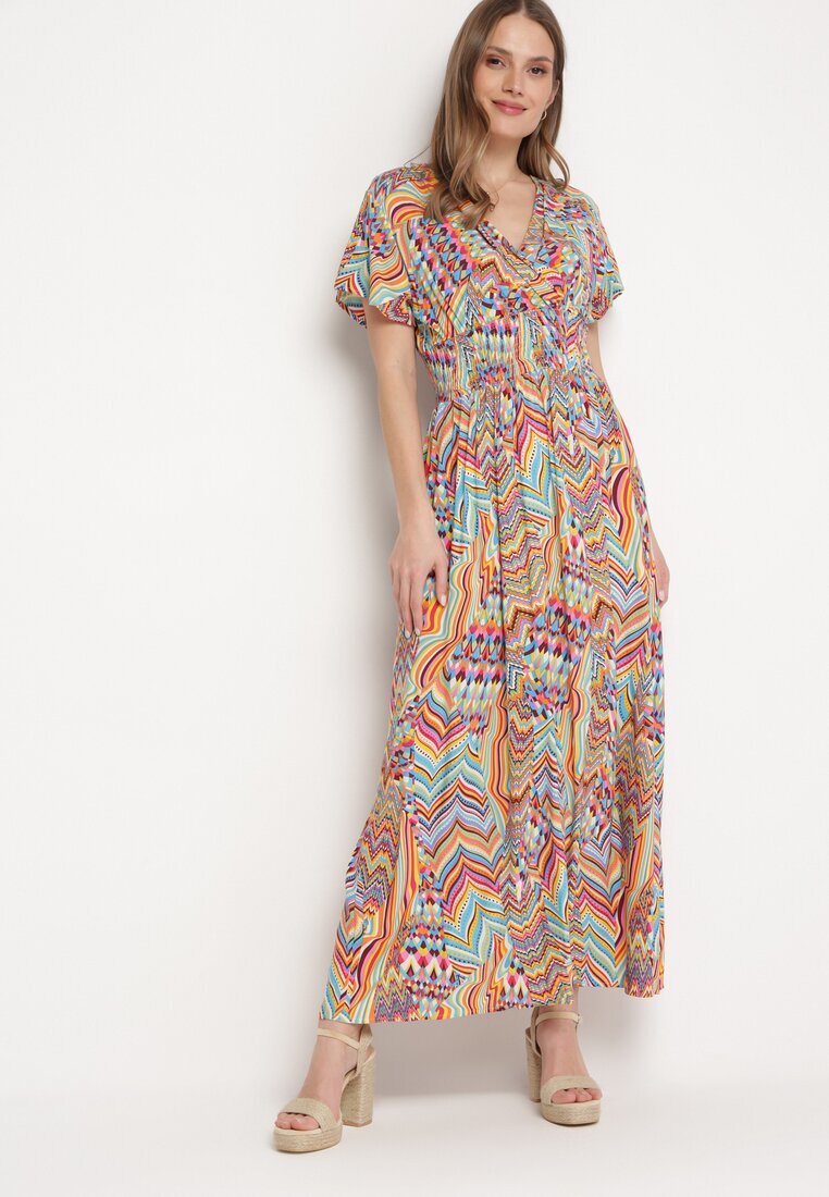 cflo Rochie Portocalie Maxi din Viscoză cu Elastic în Talie în Stil Etnic Daliora