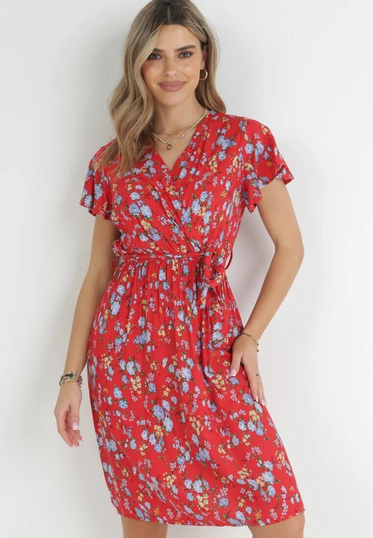 cflo Rochie Roșie Midi din Viscoză cu Elastic în Talie și Mânecă Scurtă Jodys